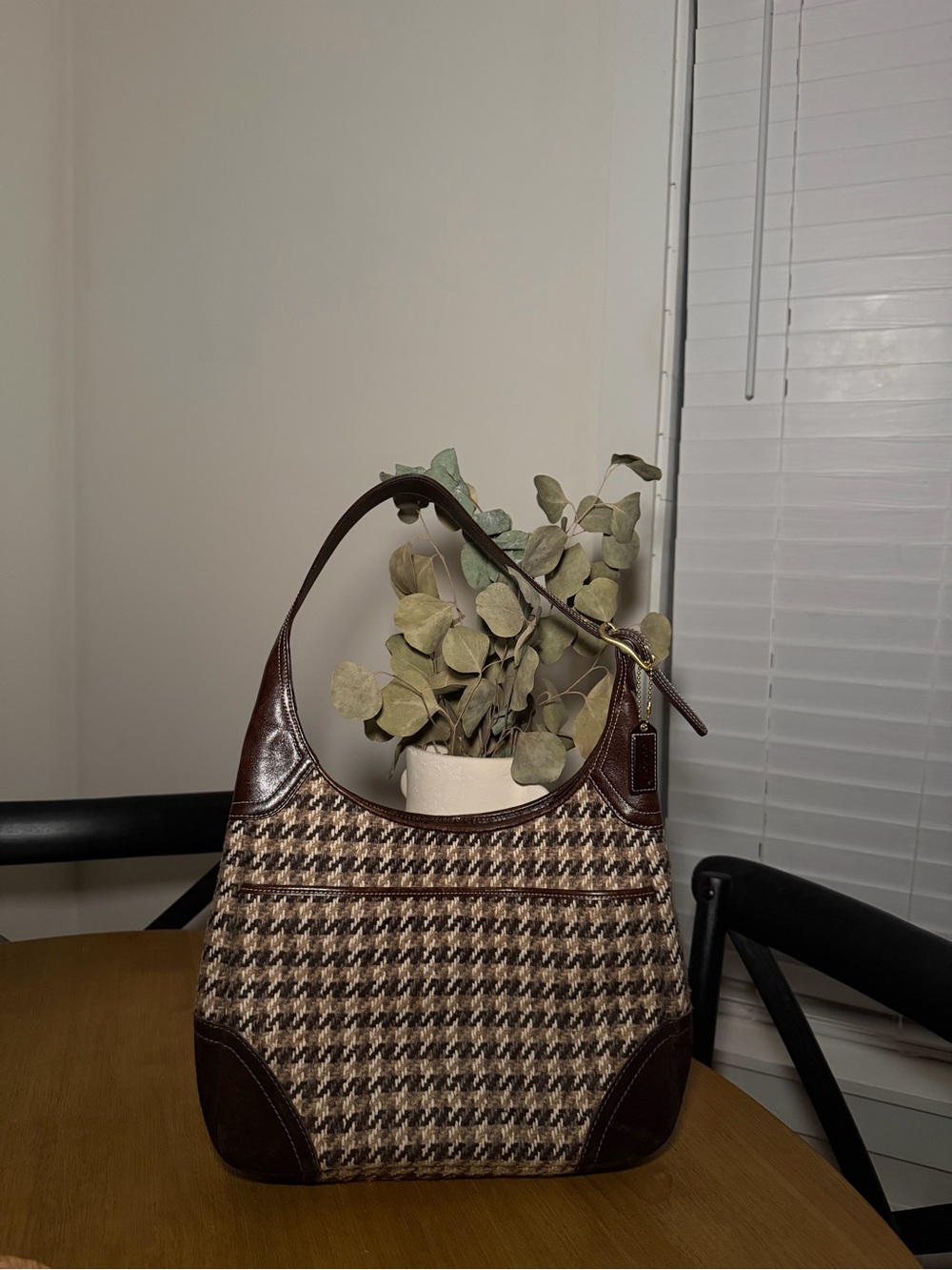 Rare Vintage Coach Houndstooth Wool Shoulder Bag
